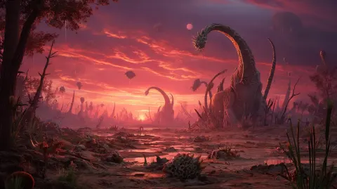 Post apocalyptic landscape, red and orange sky, different bizarre and horrifying eldirtch creatures