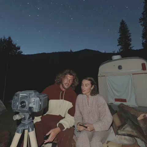 Father and older teen daughter looking at professional camera rested on tripod pointed toward the st