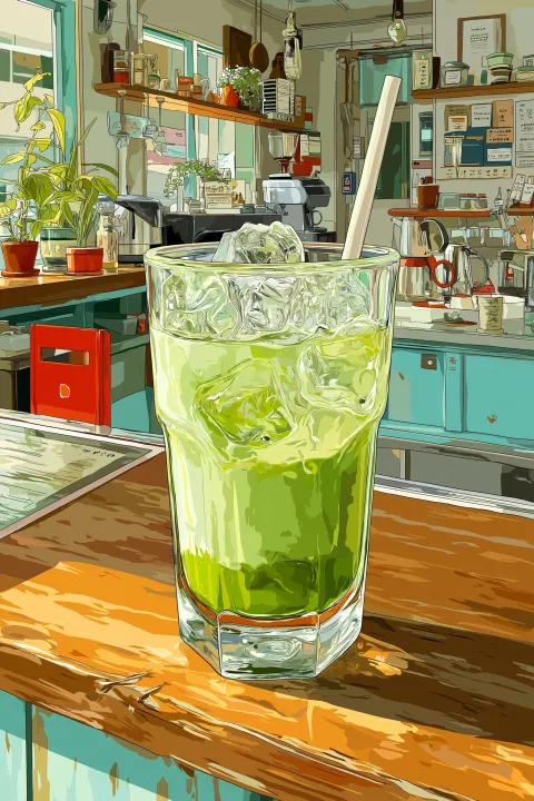 Flat digital illustration of an iced matcha latte in a clear glass with ice cubes and a white straw