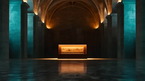 Interior of a grand virtual museum hall. Tall vaulted ceilings with soft ambient lighting. Dark ston