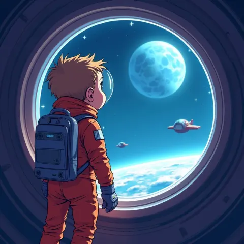 Astronaut Boy Gazing at a Blue Planet