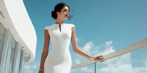 Full body shot of a professional fashion editorial photograph taken from a very low angle