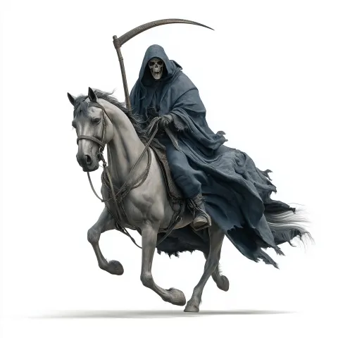 Grim reaper on horseback facing the viewer, on blank white background highly detailed