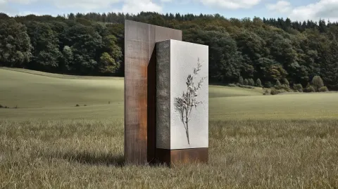 Upright gravestone approx 100 cm high set in a quiet meadow