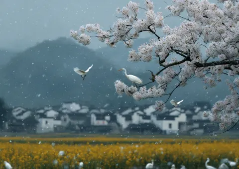Realistic photography: Rain falls heavily during the Qingming Festival. In the foreground