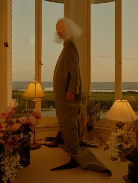 Haute couture fashion campaign, asian chic tall albino model with unusual clean sharp features of he