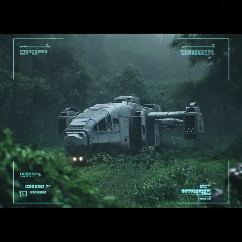Hidden Surveillence footage of a realistice scifi military dropship in a forest clearing. close up s