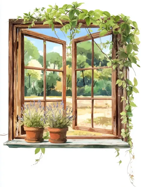 Large wooden double-opened old window, windows wide open