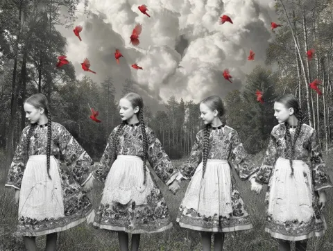 High contrast realistic black and white photograph, a row of girls with long braids holding hands