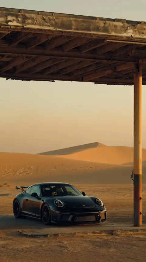 High-desert automotive editorial featuring a black Porsche 911 GT3 parked under a weathered retro ga