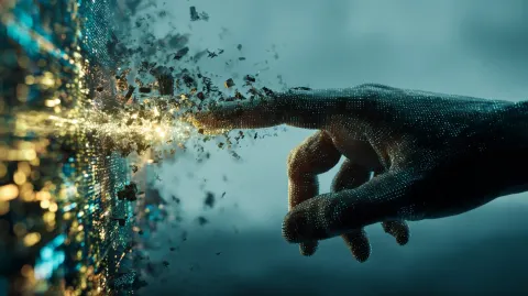 A dramatic, slightly stylized photograph of a human hand reaching out to touch an abstract