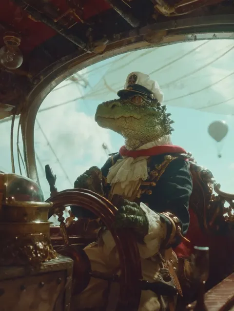 Hyper realistic photo of a fantasy and well dressed green-scaled humanoid kobold who is a sailor on
