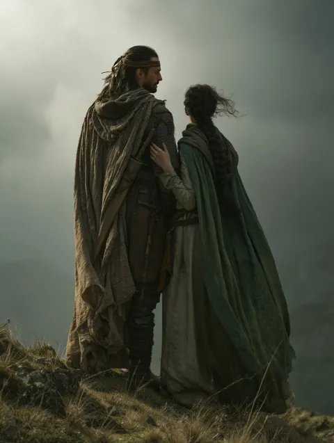 Hyperrealistic cinematic fantasy portrait of two figures standing together on a windswept mountain p
