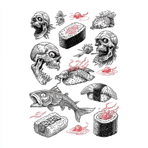 Illustration in the style of Albrecht Durer of horror creppy sushi ,white vector