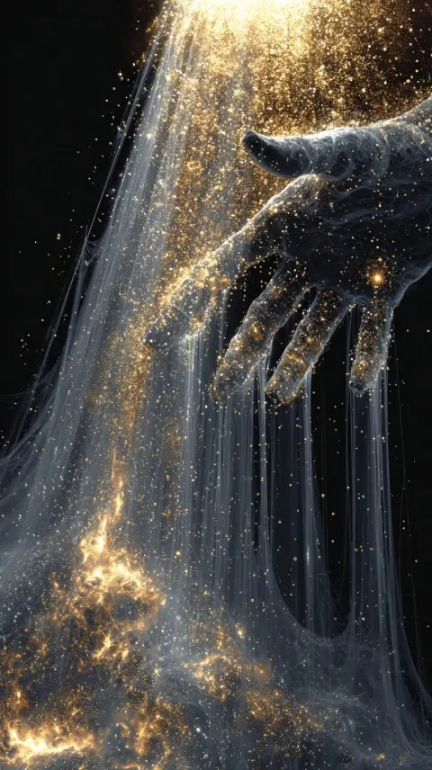 In the upper right corner of the image is a giant stardust hand composed of dense golden starlight p