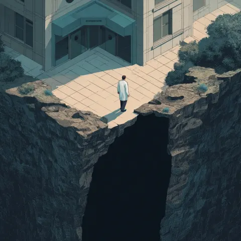 Individual walking out of hospital and falling into a dark canyon (meant to symbolize gaps in servic