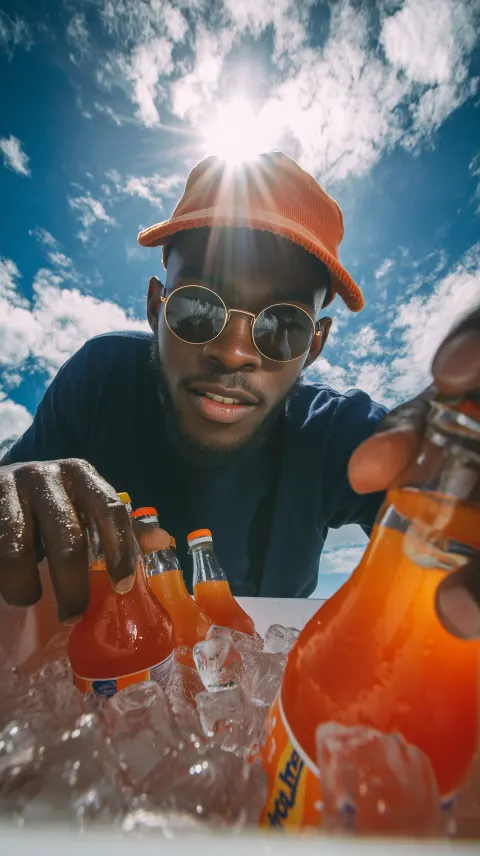 Low-angle close up through the open top of a white styrofoam cooler shous a young dark-brown skinned