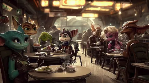 Intergalactic food court off-center diverse aliens and humans seated at mixed tables steam rising fr