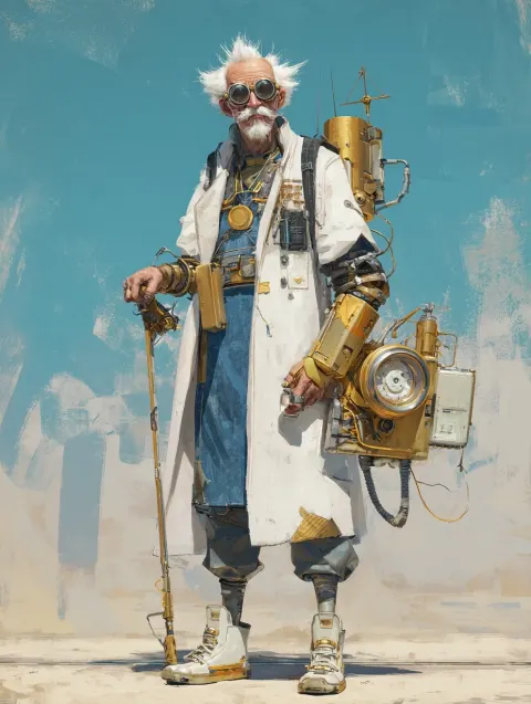 He is an elderly scientist, dressed primarily in white, blue, and gold attire