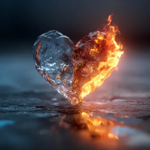 Love heart with ice on one side and fire flames on the other blurring itno each other in the middle