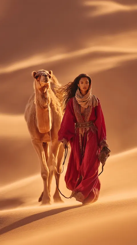 Photorealistic cinematic masterpiece, beautiful young Moroccan woman in traditional vibrant red and