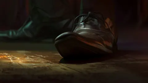 Low-angle extreme close-up. A well-worn but classic men's leather oxford shoe tapping its toe on a s