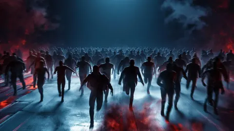 Angry mob advancing forward in chaos, faceless figures, dark environment, intense tension