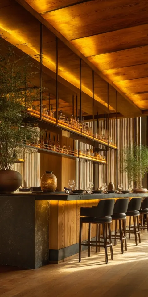 Magazine cover of modern high-end restaurant featuring luxurious bar. warm glow over everything. jap