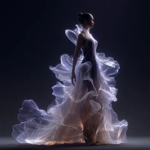 Make realistic photo with person Ethereal gown made of frozen light and data particles