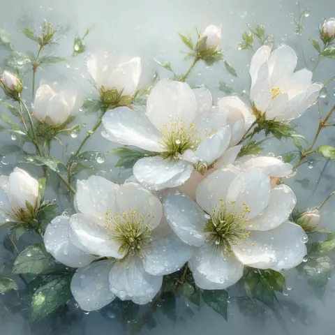 White Blooms Adorned With Dewdrop Gems