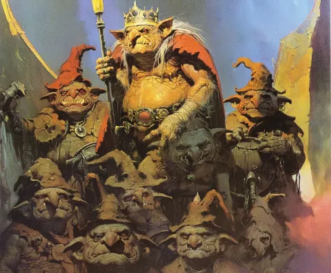 Painted by Frank Frazetta: A hunched goblin king stands above his kin