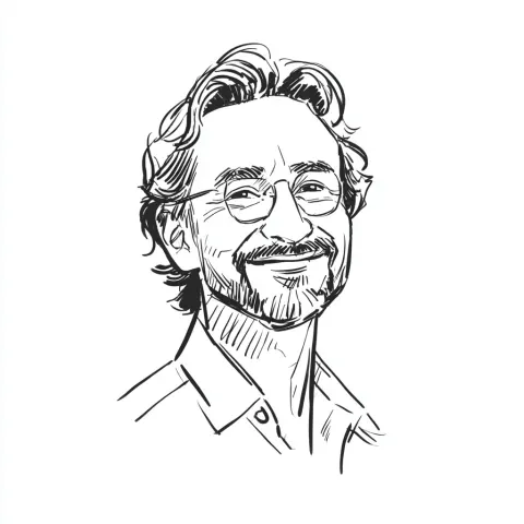 Minimalist black and white doodle-style line illustration of a Bangladeshi matured man
