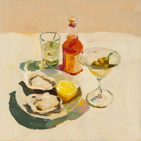 Minimalist still life of oysters on the half shell with a lemon wedge, a bottle of hot sauce