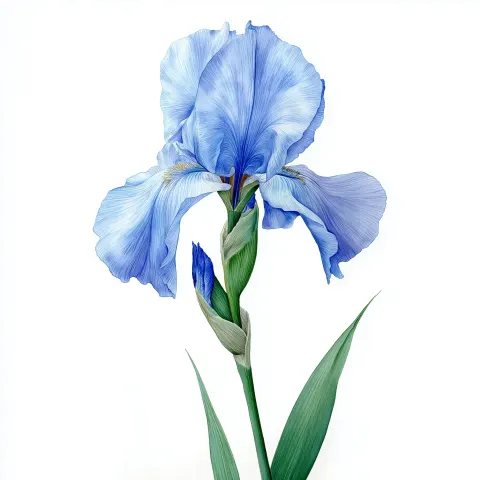 White background, watercolor painting of an iris flower with a long stem and leaves. the petals are