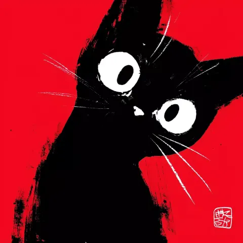 Kawaii Neko Sumi E Art