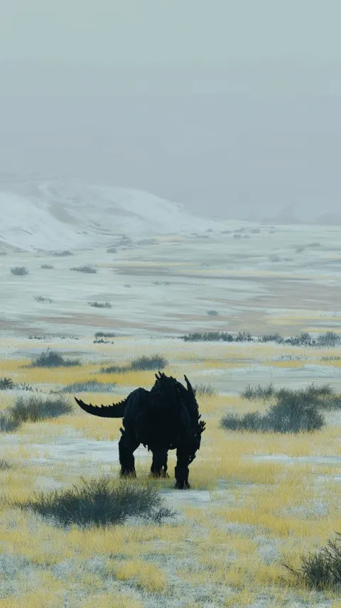 An enormous dark monster walks across a cold winter prairie like this