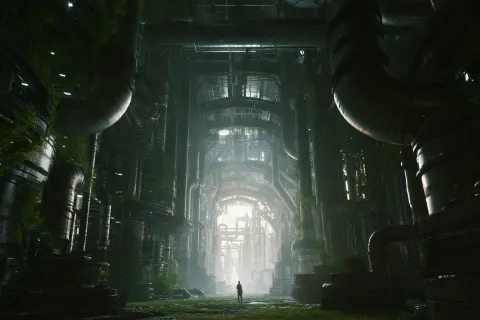 An underground city with large pipes, a complex structure