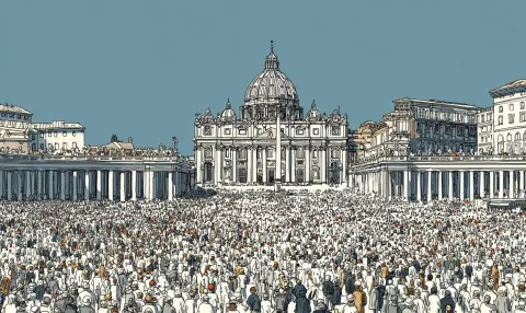 The monumental Vatican, to which crowds of people dressed in white go, poster style