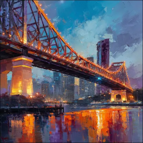 Creat a painting in the style of Paul Kenton of Story Bridge in Brisbane