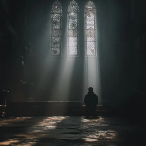 A cinematic image of man seeking Gods grace in a dark place