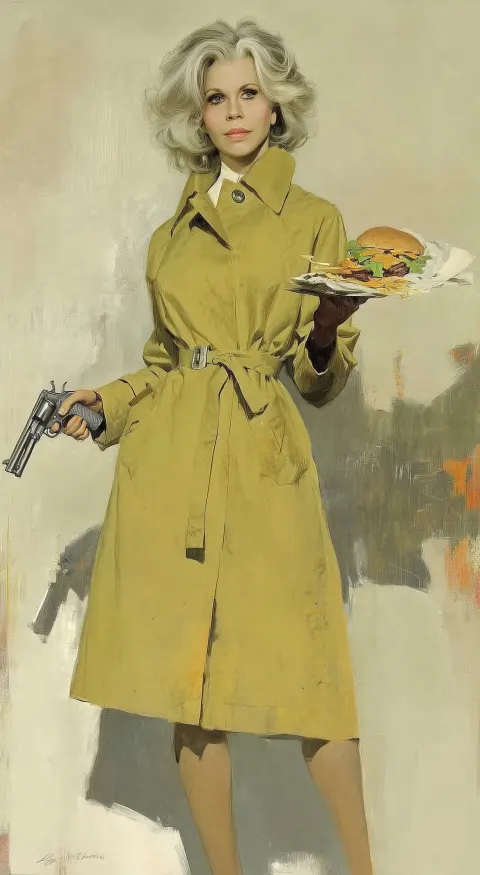 Attractive woman in trench coat, a revolver in one hand and a cheeseburger in the other
