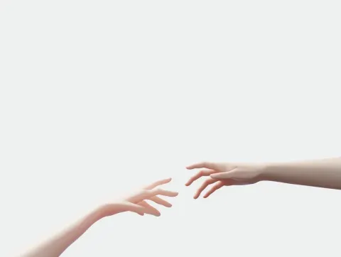 Two hands reaching towards eachother across a blank expanse. cgi anime style, delicate female hands