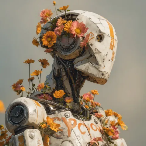 Close-up portrait of a humanoid robot with the neck adorned with orange flowers and the scene with l