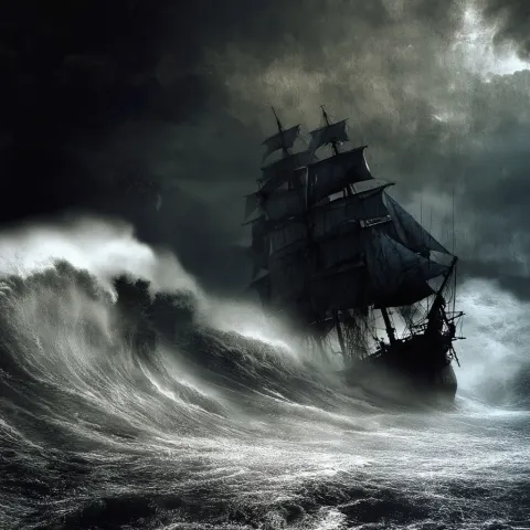 A ship / being bombarded by a towering vast ocean wave / tumultuous gray skyline / high dynamic moti