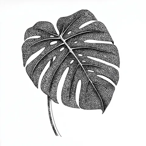 Line art drawing pen and ink of monstera deliciosa leaf