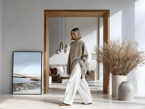 Create image of woman walking in front of picture frame and canvas