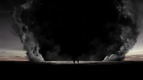 Olossal black void consuming horizon, swirling smoke tendrils, faint stars collapsing