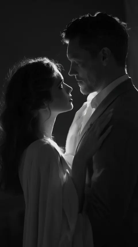 Timeless black-and-white photograph of a vampire , face gently illuminated by soft