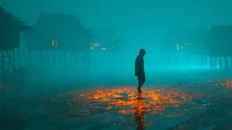 A silhouette of a child walking on a translucent teal river
