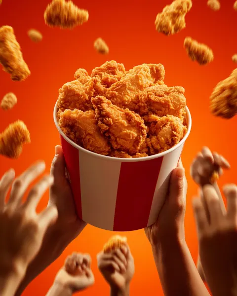 A close-up, high-resolution photograph of a KFC chicken bucket filled with crispy hotwings